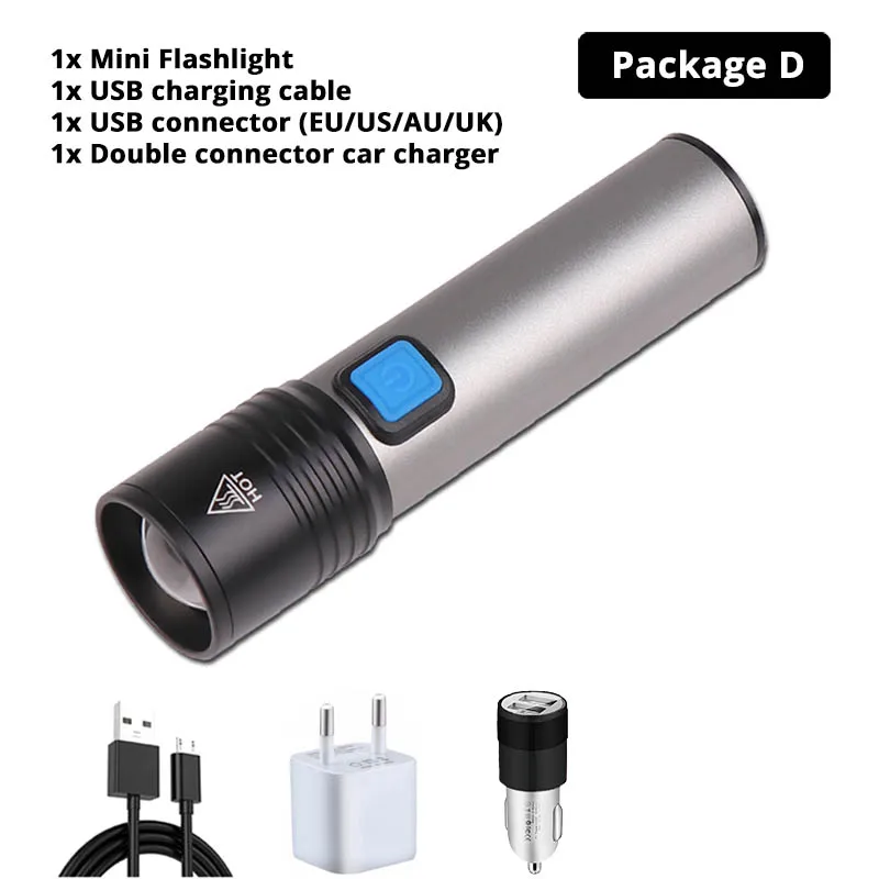 Package D Портативный мини светодиодный фонарик USB Перезаряжаемый T6 фитиль водонепроницаемый телескопический зум открытый свет подходит для ночного освещения - Испускаемый цвет: Package D