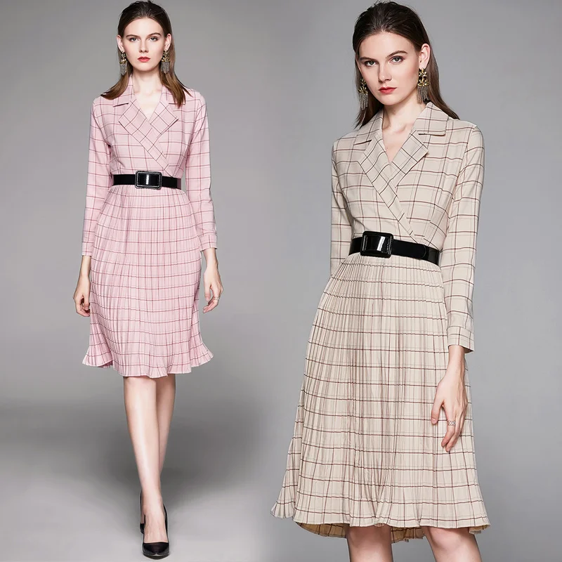 

Banulin Spring Women's 2019 Runway Style Vintage Slim Fashion Coat Waist Pleated Thin Turn-Down Collar Long Windbreaker Dress