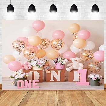 

Pink 1st Photography Backdrop Girls Kids Happy Birthday Party Baby Shower Balloon Photo Background Studio Prop Decoration