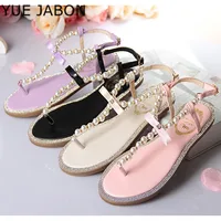 Perle sandales femmes dames été bohême plage sandale chaîne perle décontracté boucle sangle chaussures plates bout ouvert chaussures femme tongs 2