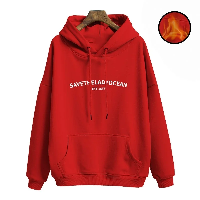 

INS Winter Fleece Long Sleeve Warm Hooded Sweatshirts for Women Save The Lady Oceam Pullover Tops Front Pocket Hockey Hoodie