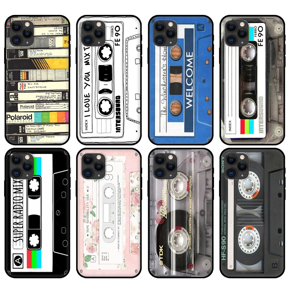Custodia In Tpu Nero Per Iphone 5 5S Se 2020 6 6S 7 8 Plus X 10 Xr Xs 11 12 Mini Pro Max Cover Posteriore Retro Classic Cassette