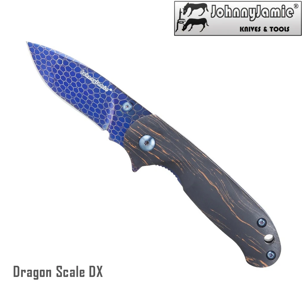 

JohnnyJamie Brand 2019 Newest High Grade Discoloration Dragon Scale DX Damascus Steel Blade Folding Knife G10 Handle Pocket EDC