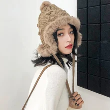 Женские зимние шапочки, однотонные вязаные шапочки, повседневные Шапки для дам, теплые шапки с густым мехом, круглые помпоны, Шапка-бини