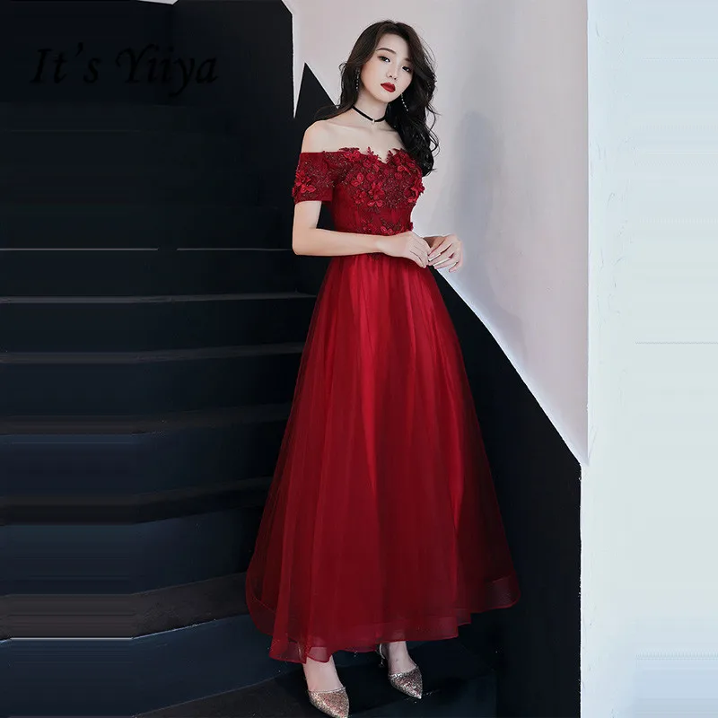 

Evening Dresse For Women It's Yiiya R254 Burgundy Off Shoulder Ankle Length Formal Gowns Appliques Boat Neck Long Dress Evening