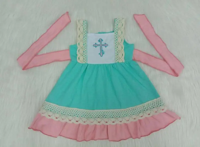 Милое Платье для девочек, пасхальный Детский костюм с принтом крестов, кружевное платье, летнее платье для девочек