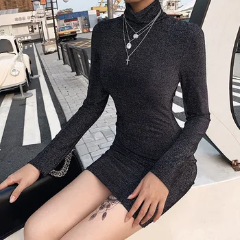 

Sexy Silver wire Dress Women Turtleneck Long Sleeve Bodycon Mini Dresses Autumn Ladies Sheath Tight dress short Mini dresses