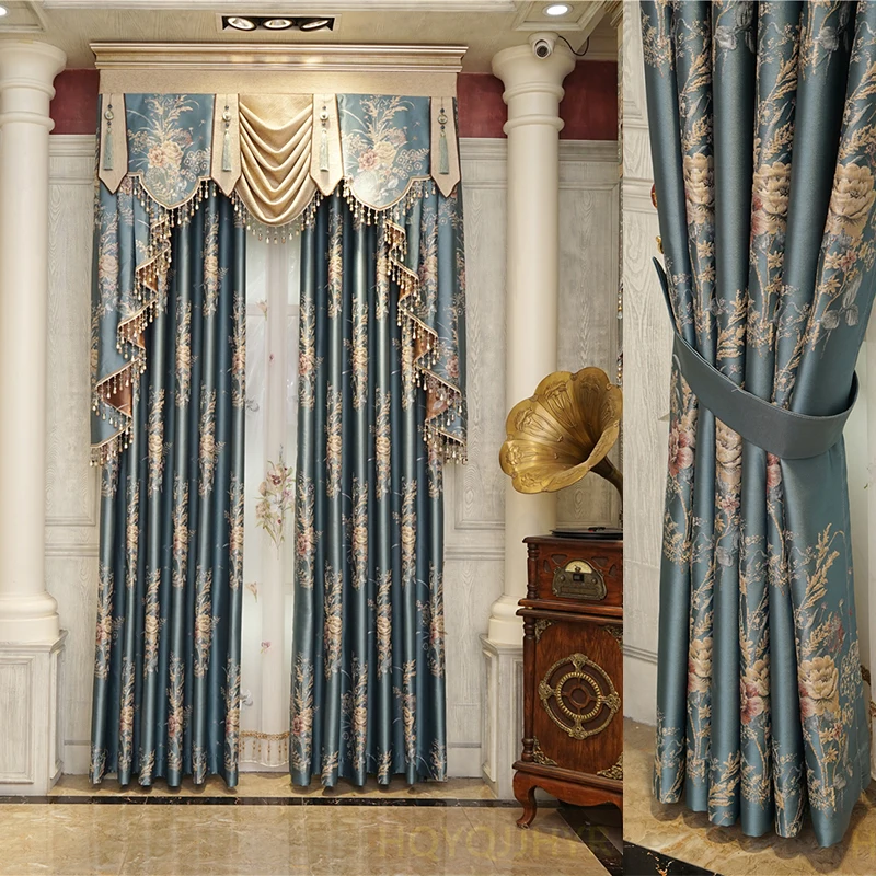 

Top jacquard elegant blackout curtains for living room windows, luxury peacock blue curtains, high quality and quality curtains