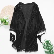 Женский сексуальный халат из искусственного шелка с короткими рукавами, кружевная открытая ночная рубашка с стринги, атласный пояс, комплект одежды для сна