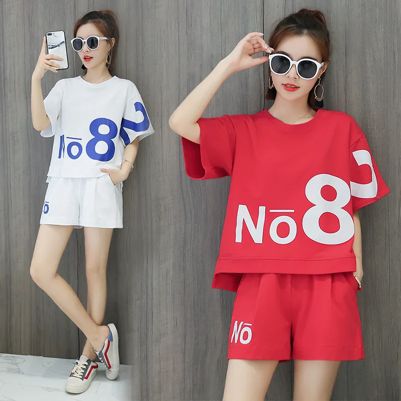 

Casual Sports WOMEN'S Suit Summer Loose Korean-style 2019 New Style Cool Printed Lettered Fashion Short Sleeve Shorts Two-Piece