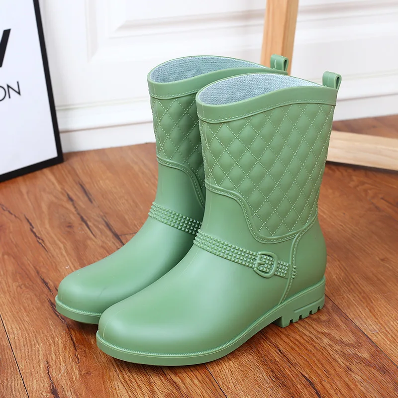 Женские непромокаемые сапоги из хлопка со съемным средним голенищем для взрослых; модные Нескользящие женские непромокаемые сапоги; непромокаемая обувь - Цвет: Зеленый