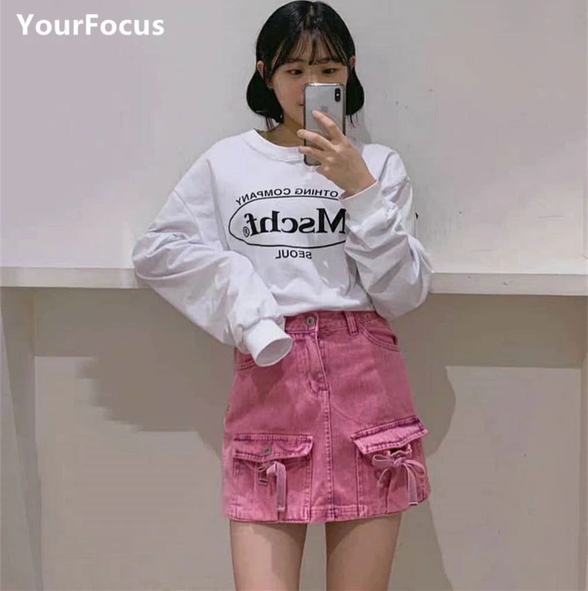 pink mini denim skirt