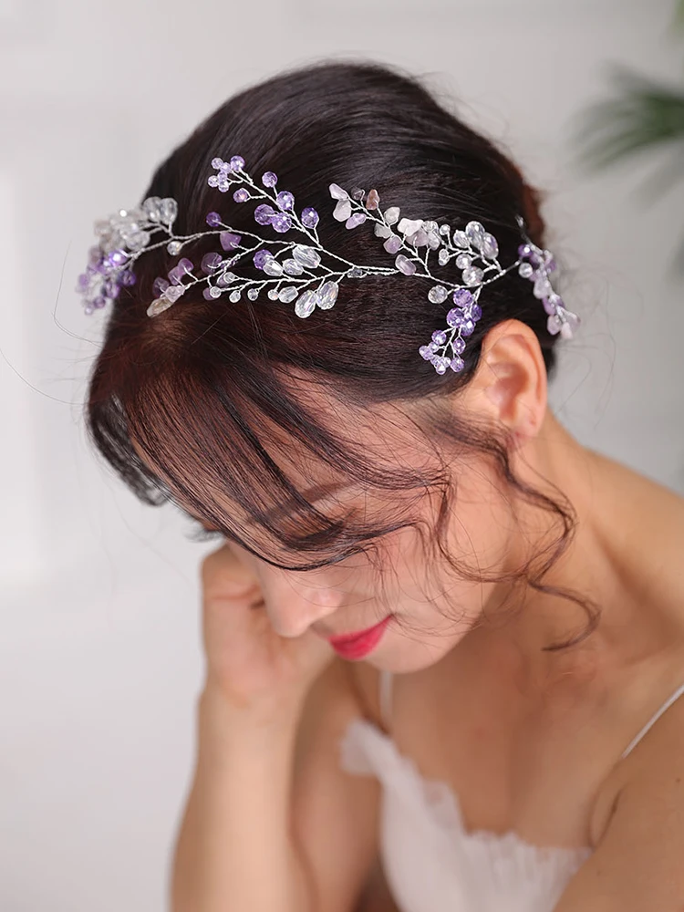 Bohe Bridal Hair Accessories Purple Headpieces Crystal Headband Handmade Women Hair band Wedding Hairstyle Jewelry