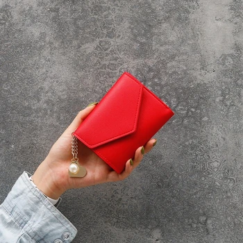

Ladies Pure Color Square Short Wallet Ladies Lychee Pattern Envelope Pearl Wallet Ladies Card Holder Pendant Clutch