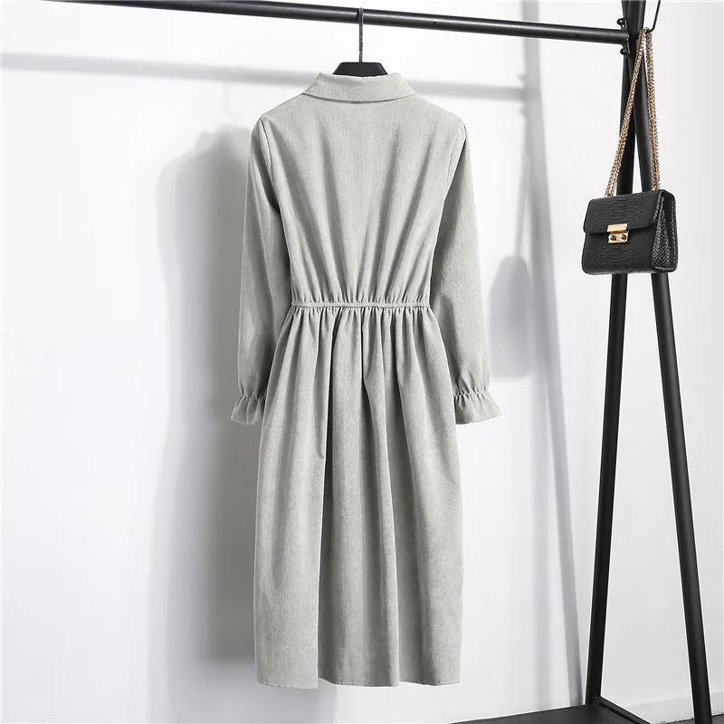 Осенне-зимнее женское вельветовое платье однотонное vestidos mujer винтажное повседневное однобортное платье трапециевидной формы с воротником-стойкой и длинными рукавами