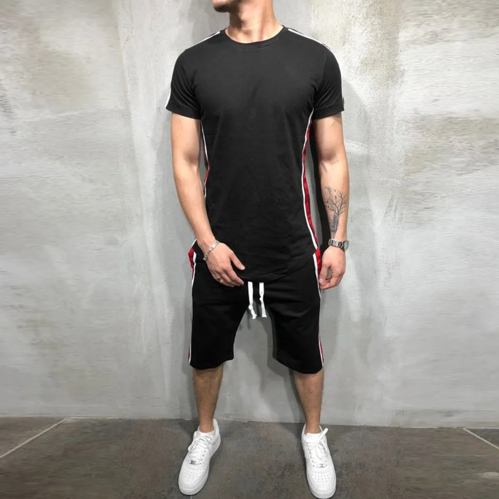 

2019 Summer Tracksuit Men Set Sporting 2 Pieces Sweatsuit Men Clothes Solid Color T Shirt+Shorts Track Suits Male Mar15