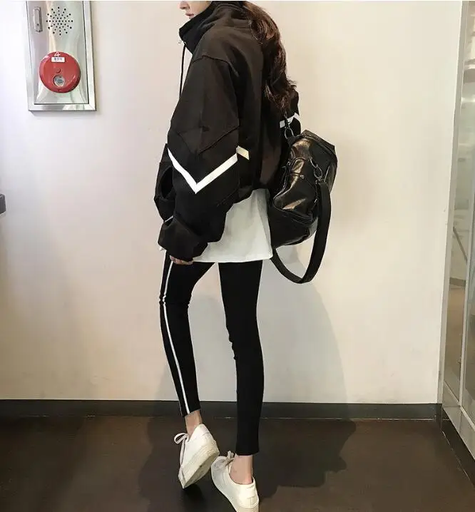 Harajuku Женская толстовка в полоску с рукавом «летучая мышь» со стоячим воротником на молнии, свободные толстовки, повседневный джемпер, топы