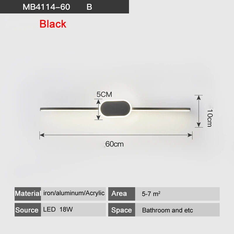 Светодиодные Настенные светильники для ванной комнаты, гостиной, белого и черного цвета, железная алюминиевая акриловая основа, внутреннее зеркальное освещение, освещение, светильник wandlamp - Цвет абажура: CY120B Black 60x5cm