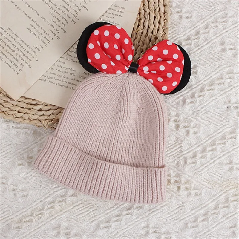 

2020 Fashion Baby Knitted Hat Polka Dots Bowknot Winter Woolen Cap Earmuffs for Girls and Boys 6-24M 7colors headwear wholesale