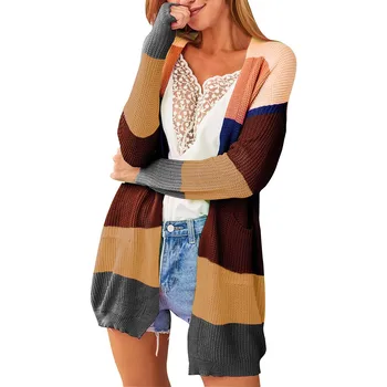 

Multicolor Cardigans Knitted Sweaters Women Autumn Modish Thin Striped Sweater Cotton Long Streetwear Coat Female Dropshipping