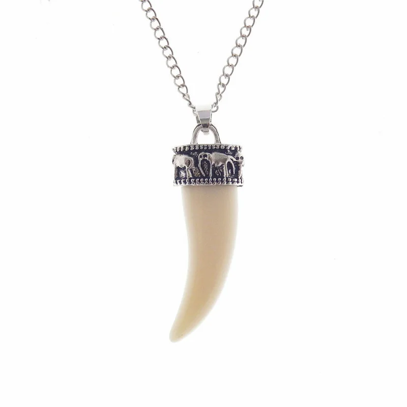 Julie Wang Resin Artificial Wolf Tooth Spike Pendant Necklace For Men Women Punk Style Jewelry Alloy Chain Amulet Charms