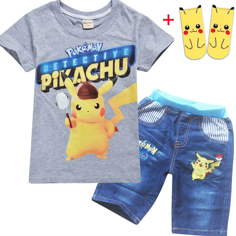 Set-Socks Футболки для мальчиков+ брюки джинсы спортивные костюмы «Пикачу» мультяшная одежда для детей «Покемоны вперед» для мальчиков набор детской одежды - Цвет: Set-Socks