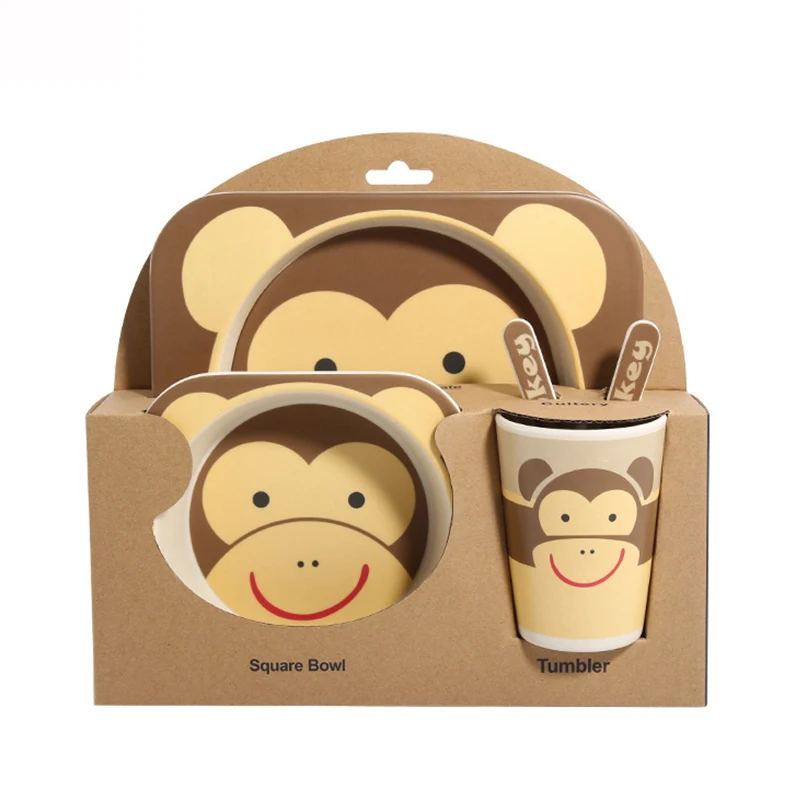 Monkey Set 5 шт./компл. Детские тарелка посуда с изображением мультипликационных персонажей для детей, посуда для кормления c изображением животных, из детская натурального бамбукового волокна посуда с чаша Вилка чашка Ложка пластина - Цвет: Monkey Set