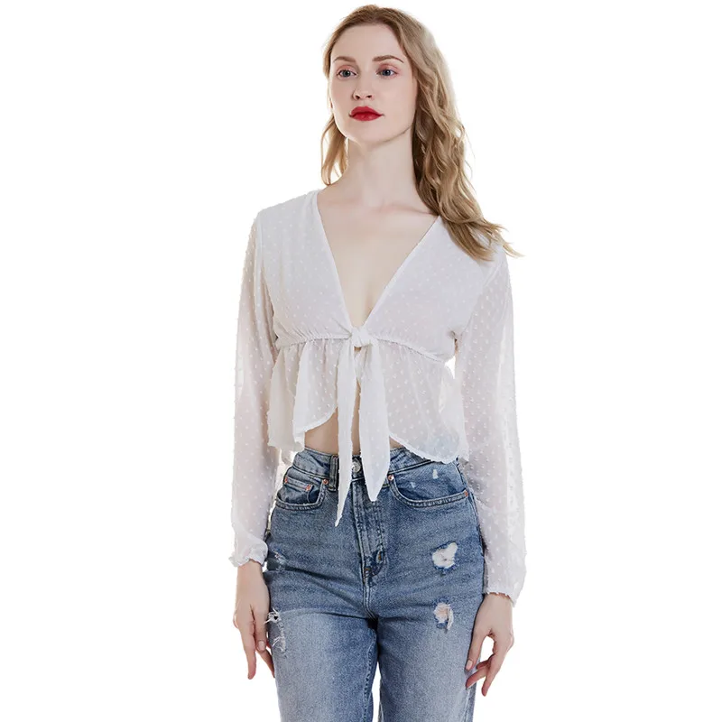 Летние повседневные Blusas Mujer De Moda с v-образным вырезом кружевные короткие женские рубашки-топы и блузки однотонные Длинные Blusas женское короткое платье