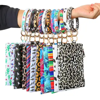 

Multi-purpose PU Leather Flower Leopard Printed Phone Wallet O Key Rings Women Wristlet Bracelets Key Chain Gifts