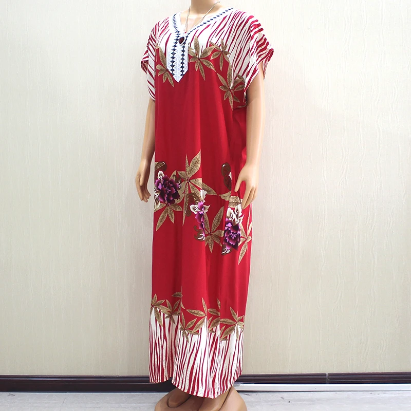 Модное Новое поступление чудесное красное хлопковое длинное платье с аппликацией и v-образным вырезом с коротким рукавом длинное платье в африканском стиле Дашики