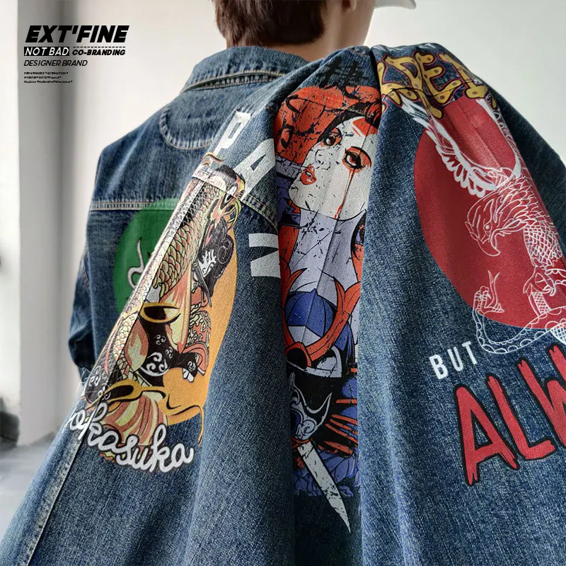 

EextFine Japanese Men Denim Jacket Coat Harajuku Fish Brocade Carp Print Male Oversized Jacket Coat Drop Shoulder Sleeve OutFits