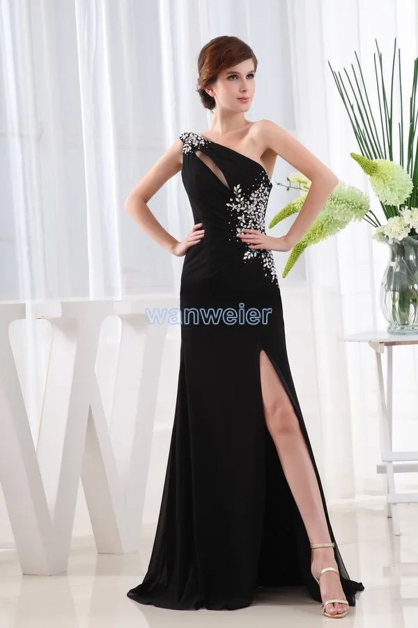 

free shipping 2014 one shoulder new design brides maid dresses maxi custom size long vestidos formales black sexy prom dresses