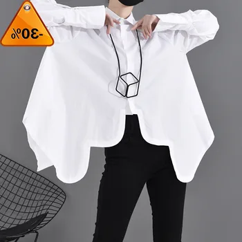 

White Asymmetrical Women Split Big Size Blouse New Lapel Long Sleeve Loose Fit Shirt Fashion Tide Spring Autumn 2020