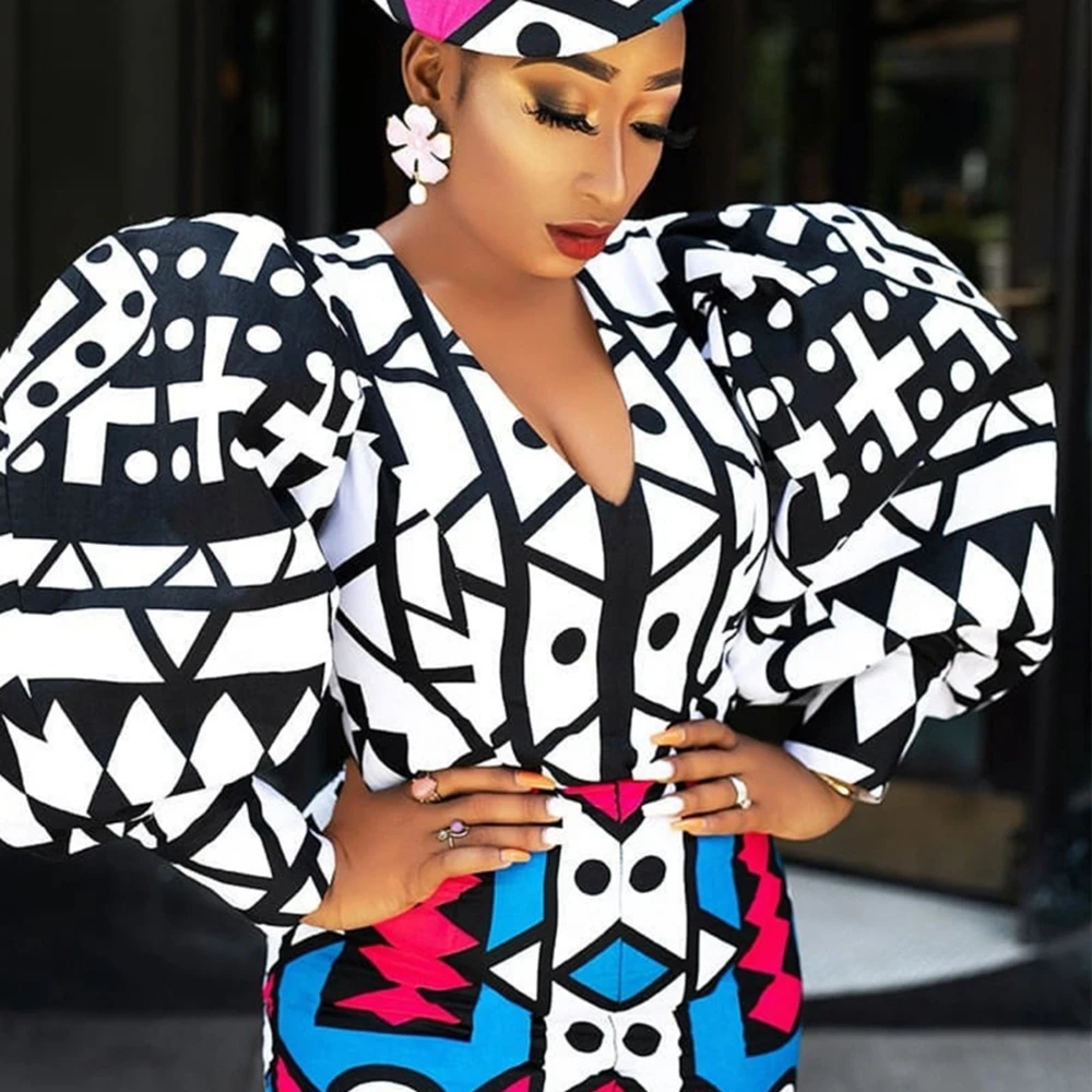 

STYLISH LADY Puff Sleeve Geometrical Printed Shirts 2019 Summer Women V Neck Plus Size Cub Party Office Lady Blouses Shirts