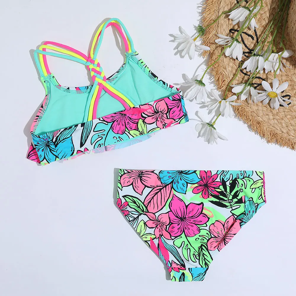 4-18 Years Flounce Girl Swimsuit Kids Tropical Floral Two Piece Children's Swimwear Crochet Strap Bikini Set Girls Bathing Suits