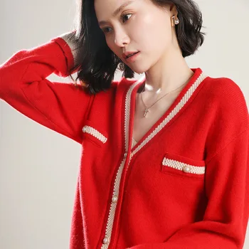 

Spring and autumn ladies stitching long-sleeved jacket long-sleeved knitted cardigan red
