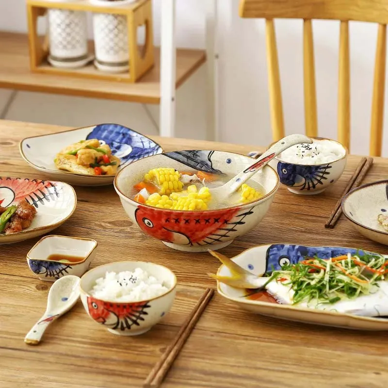 

FANCITY Underglaze color dish set household 2/4 people cute ceramic tableware and plate combination Japanese ins tableware eatin