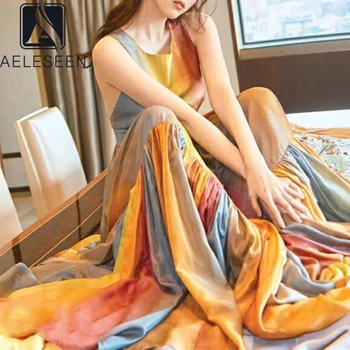 

AELESEEN Summer Beach Dress Women 2020 Runway Fashion Sleeveless Rainbow Print Ruffles Long Party Holiday Dress Vestidos
