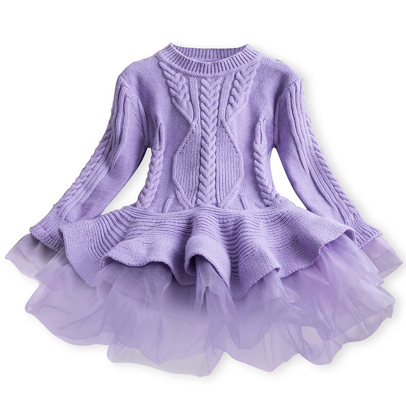 Зимнее рождественское платье для девочек; вязаная шифоновая детская одежда для девочек; платья для свадебной вечеринки; Детские платья с длинными рукавами для девочек; плотный костюм - Цвет: Purple 2