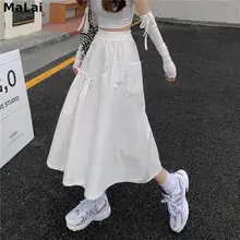 Aliexpress - Women’s Skirt Korean Folds Pocket Harajuku Solid Color A-Line High Waist Elastic Long Skirts Preppy Style Loose 2021 Spring News