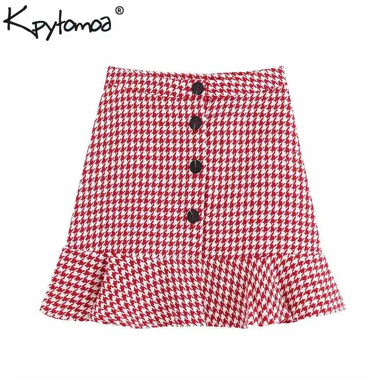

Vintage Stylish Ruffles Houndstooth Mini Skirt Women 2019 Fashion A Line Buttons Plaid Ladies Skirts Casual Faldas Mujer