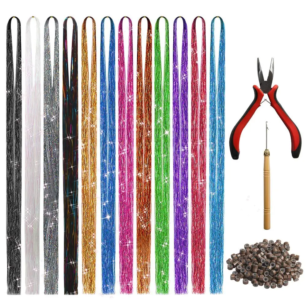 Tinsel Hair 12 Colors 2400 Strands Extensions for Women Girls 47 Inches with Tools Braiding Sparkle Shiny | Красота и здоровье