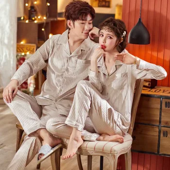 

Couple's Pajamas Men's and Women's Viscose Fiber Sexy Thin Long-Sleeved Spring and Autumn Silk Leisure Tops Two Piece Suit