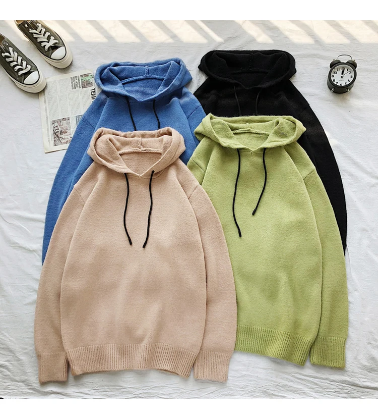 Winter Hooded Sweater Men's Warm Fashion Solid Color Casual Knit Pullover Men Wild Knitting Sweaters Male Sweter Clothes M-2XL