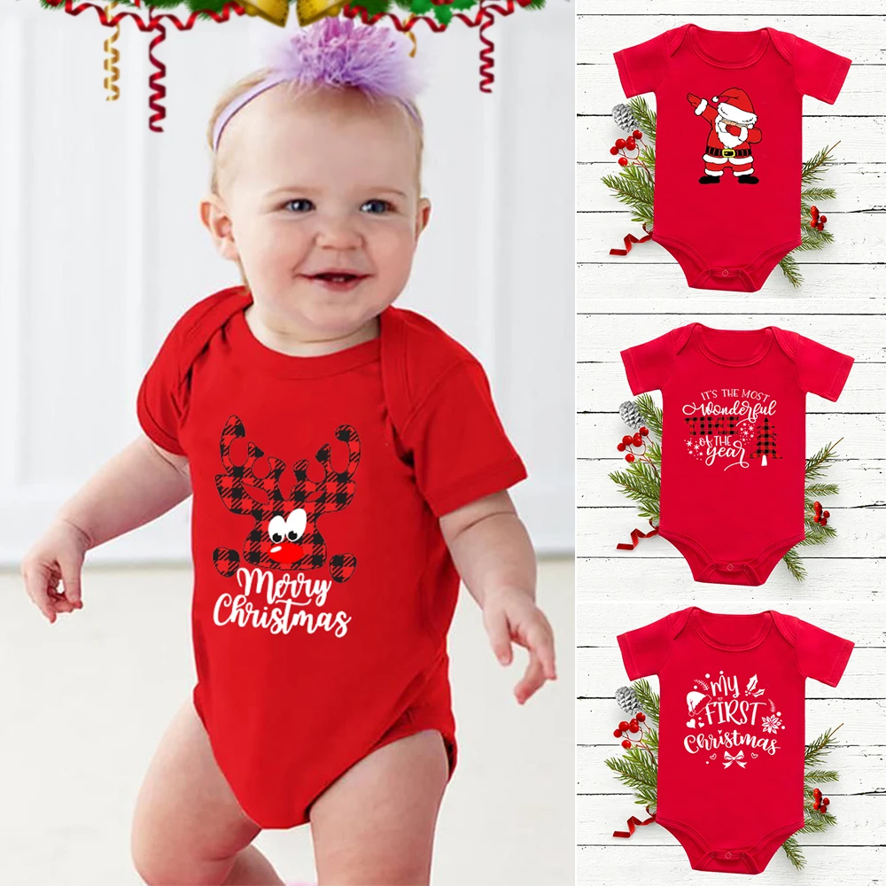 

Merry Christmas Deer Print Newborn Baby Rompers Infant Red Cotton Short Sleeve Bodysuit Cute Boy Girls Clothes Playsuit Outfit