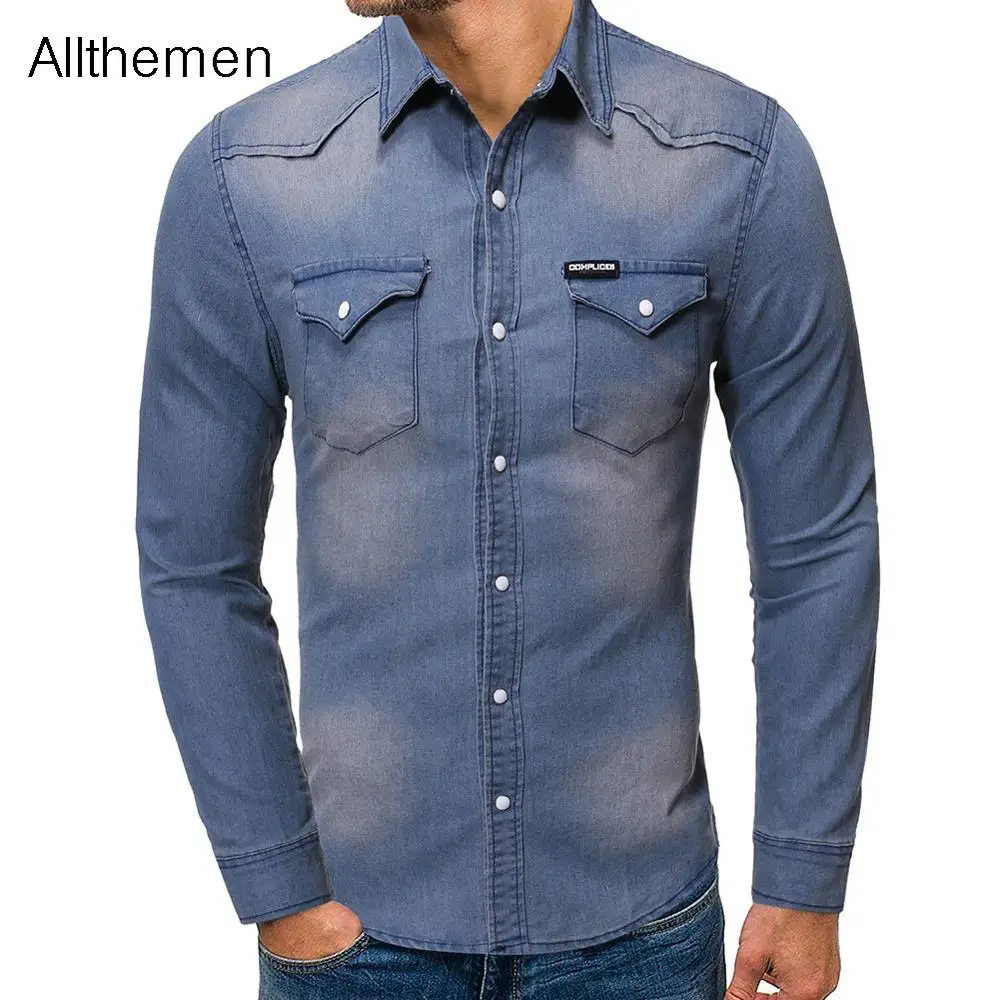 

Allthemen Men's Shirts Solid Long Sleeved Denim Cowboy Shirt Men Casual Plus Size Cotton Jeans Cardigan Men Two-pocket Top