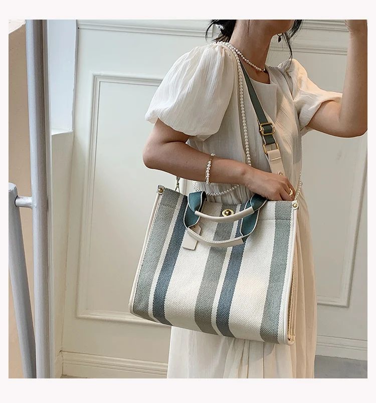 Fashion Striped Canvas Women Shoulder Bag Big Capacity Shopper Bags For Women Casual Wide Strap Handbag Women's Bag Commute Tote