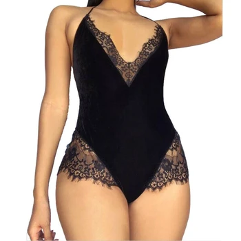 

Lace Floral Sexy Women Bandage Bodysuit Sleeveless Halter Style Ladies Deep V Neck Sexy Jumpsuit Sleepwear Babydoll Nightwear