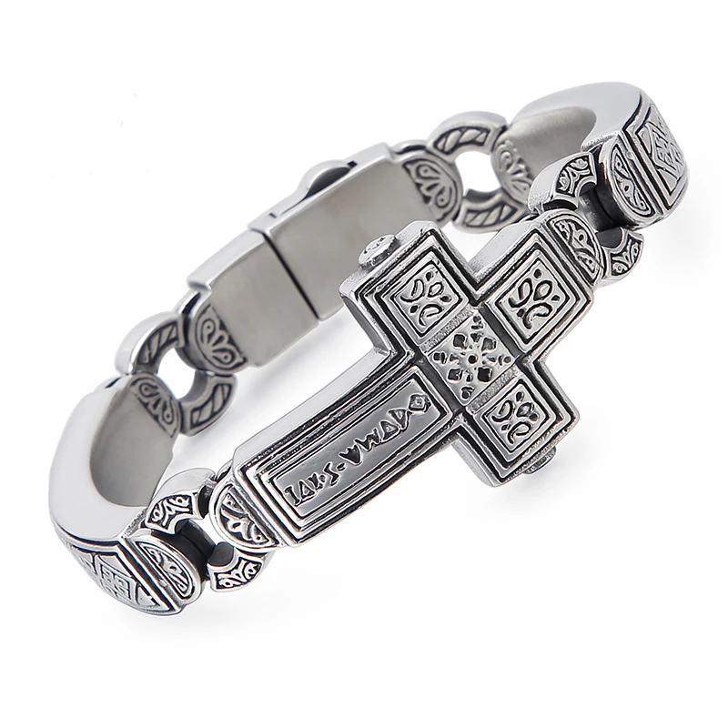 Fongten Cross Charms Bangle For Men Stainless Steel Heavy Mens Bangle Bracelets Male Retro Rune Silver Color Jewelry Armband