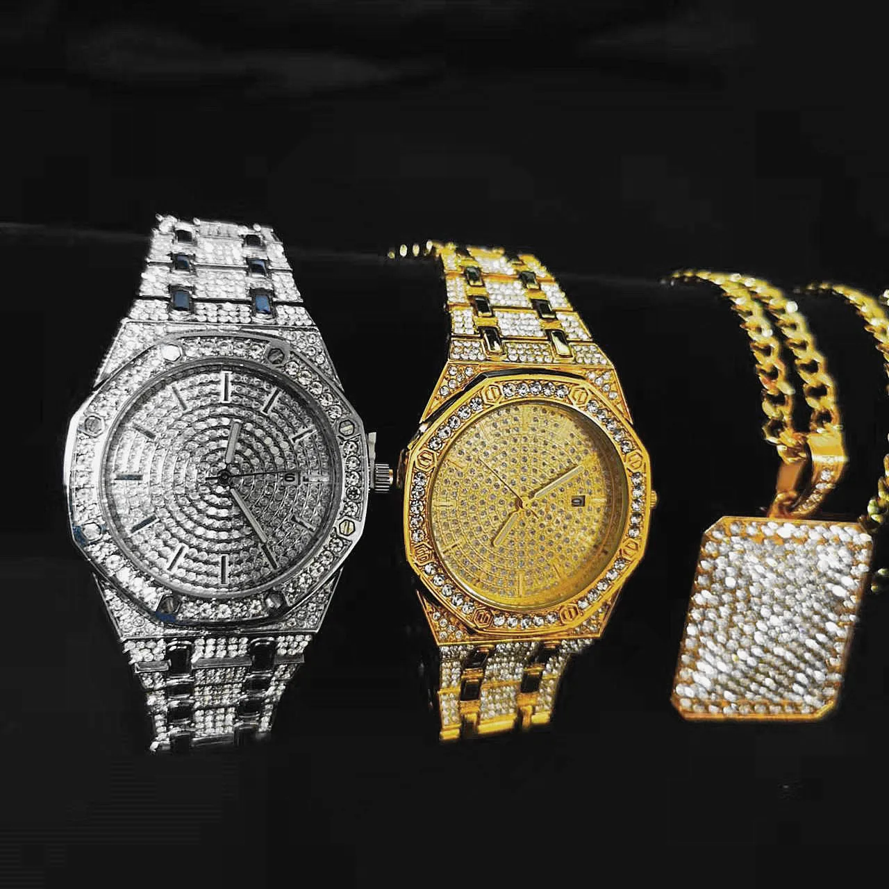 Iced Out Watch Necklace for Men 2pcs Luxury Diamond Watch Men Bling Fashion Hip Hop Jewelry Set Mens Gold Watches Date Relogio
